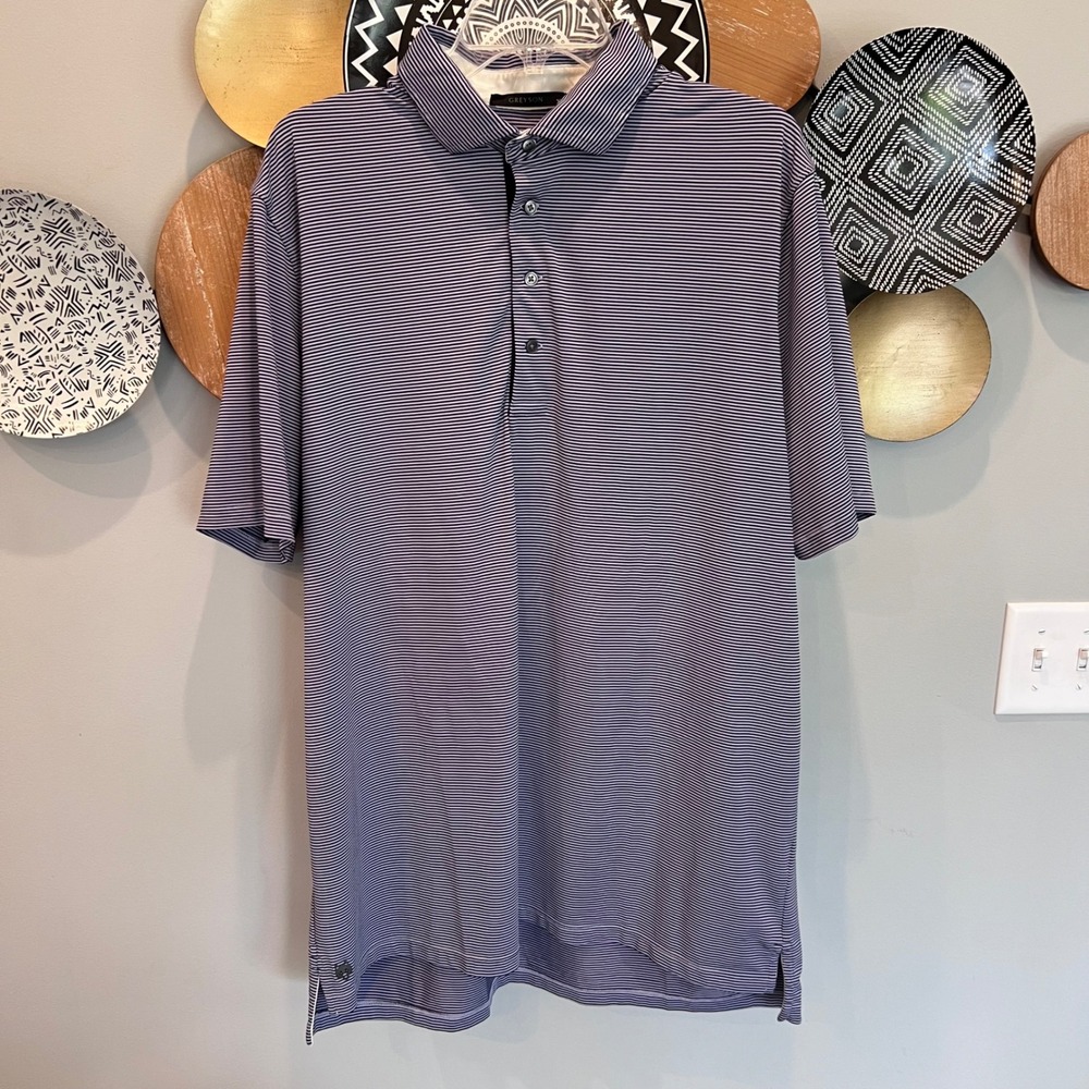 Greyson Mens XL Navy Blue White Striped Performance Golf Polo Shirt Short Sleeve